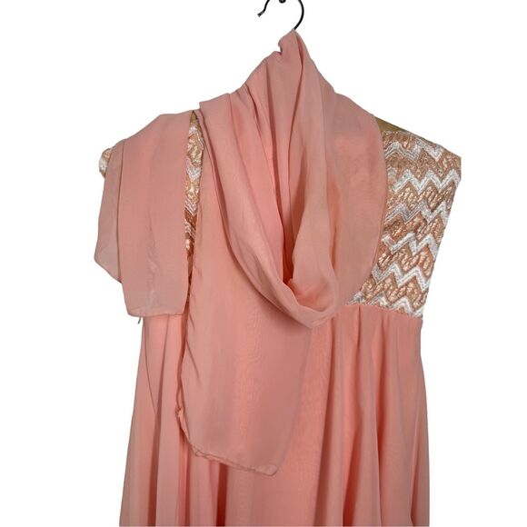 Celavie Peach Strapless High Low Cocktail Dress Size L Chiffon Chevron Print USA - Picture 6 of 11